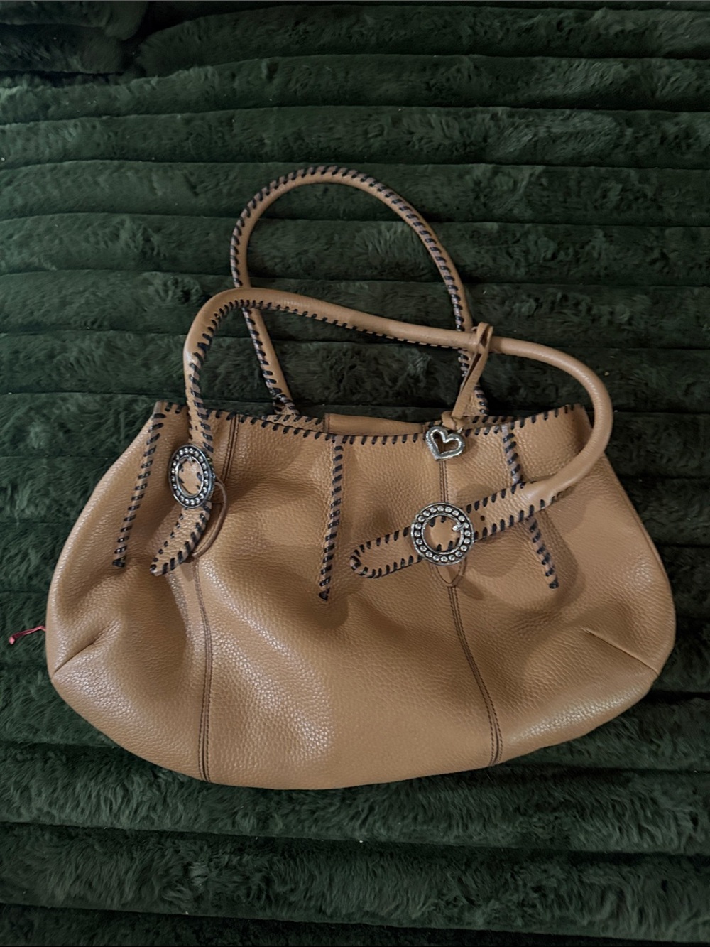 Brighton Tan Whipstitch Accent Shoulder Bag with Heart Charm